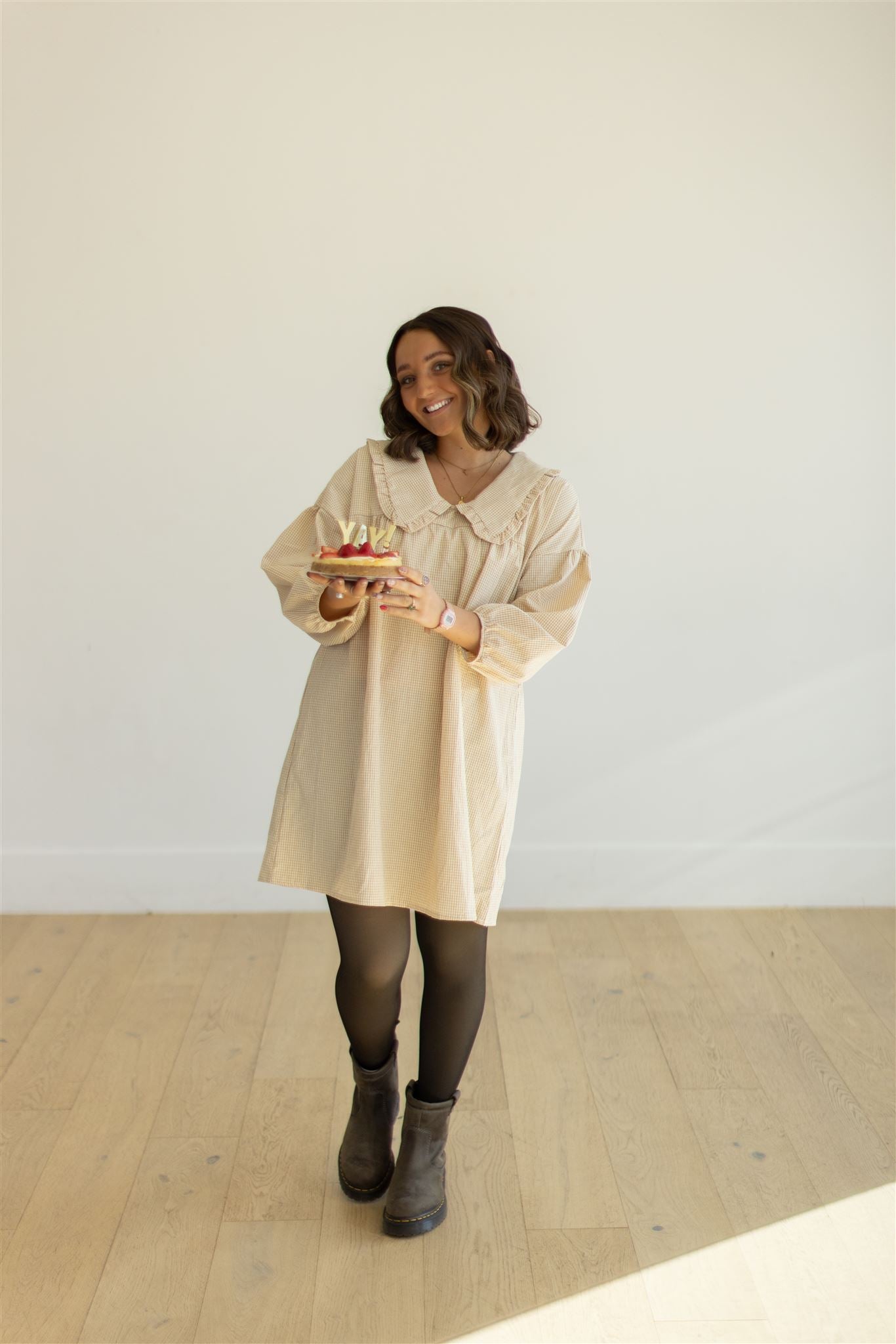 Khaki Gingham Babydoll Dress