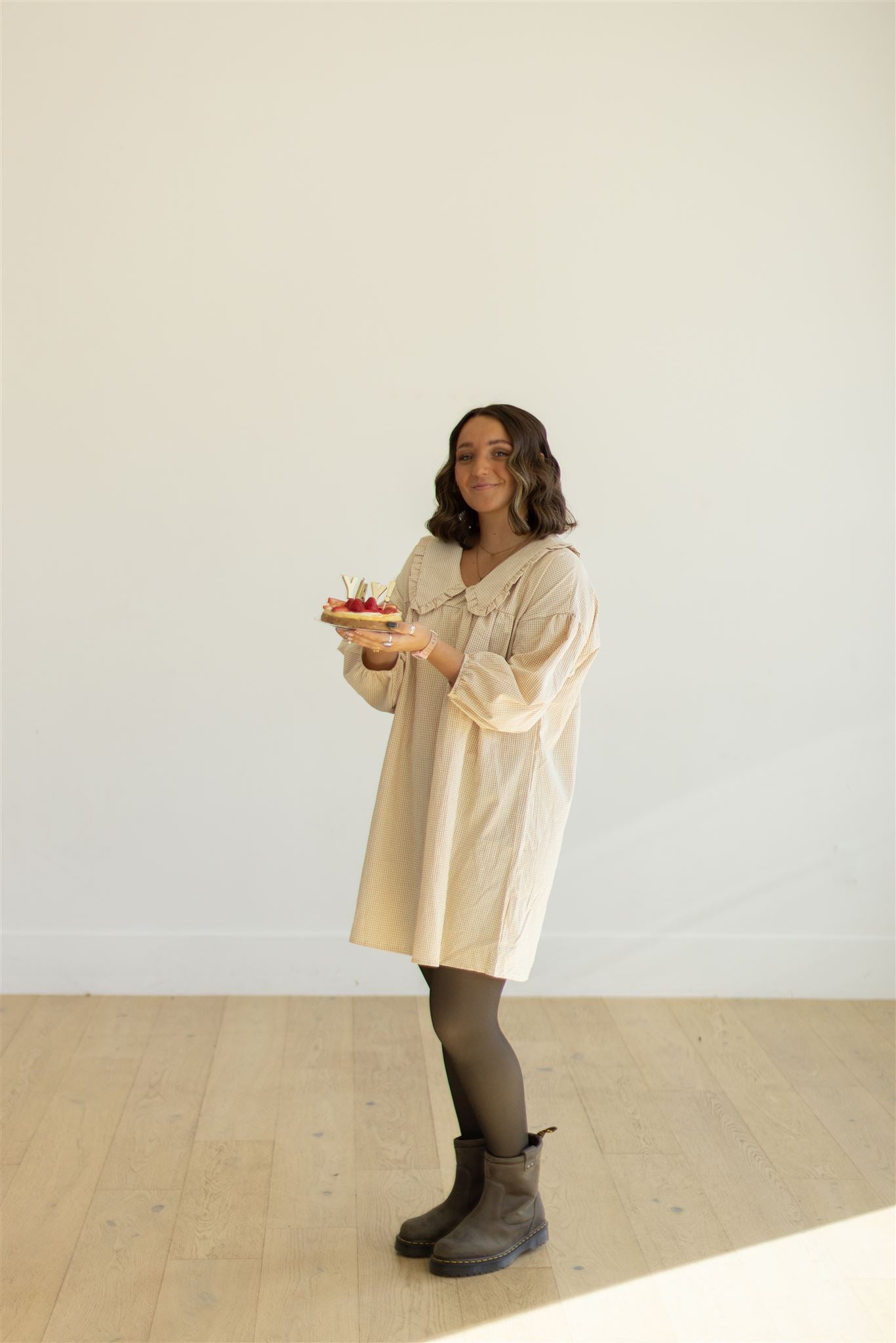 Khaki Gingham Babydoll Dress